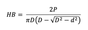 The formula for Brinell material hardness calculation is HB = 2P / πD(D-√D²-d²)
