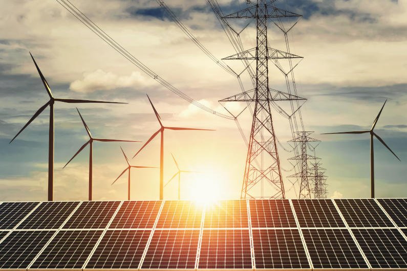 solar panels windmills power lines
