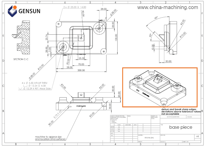 Technical drawing showing isometric view