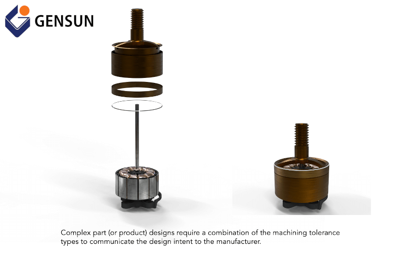 Figure 6: Exploded view and assembled view of an induction motor featuring several parts with different tolerance requirements